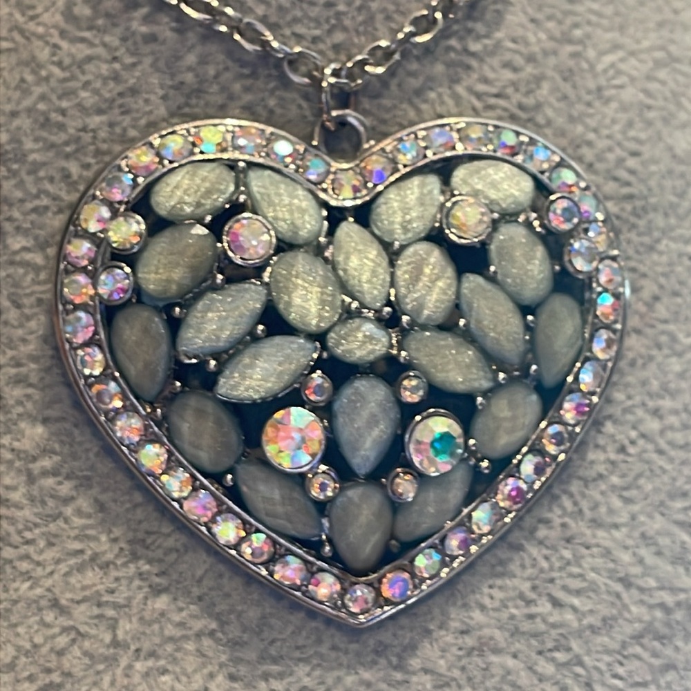 Aurora Borealis Heart Pendant Necklace 28-30” Chain 2” Heart